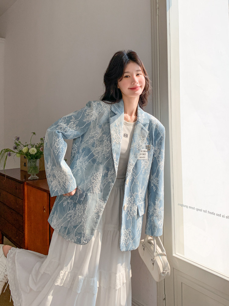 设计感蕾丝拼接西装外套女2026春季新款韩系超好看时尚减龄小西服,女装西装,浙宝128A