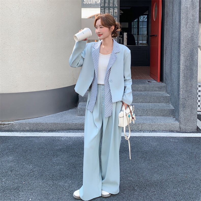 26春新款现-浅蓝温柔风拼接格子西装套装2628-P180K288,女装套装/套裙,2B190