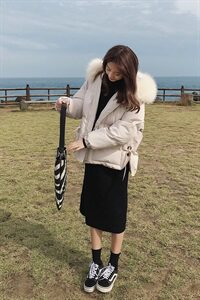 纯色2020冬季新款中长款休闲时尚舒适宽松配棉衣连帽配仿真毛领图片