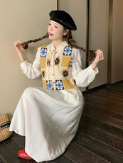 法式田园风穿搭白色长袖连衣裙配马甲女春秋超火好看长裙两件套装，女装连衣裙，浙宝192（原082）