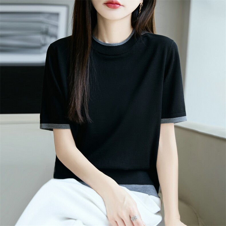 拼色圆领精纺100%纯羊毛衫针织短袖女宽松休闲半袖毛衣打底T恤衫,女装羊毛衫,朝贺羊绒