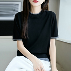拼色圆领精纺100%纯羊毛衫针织短袖女宽松休闲半袖毛衣打底T恤衫，女装羊毛衫，朝贺羊绒