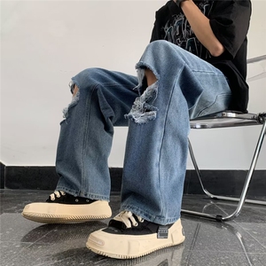 水洗黑色膝盖破洞牛仔裤男夏款美式直筒阔腿乞丐裤1001-1X841-P45图片