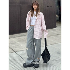 趣味小狗裤子女2025春秋新款贴布绣垂感高级感阔腿直筒休闲卫裤潮，男装休闲裤，星座506A
