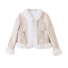 小香风仿狐狸毛拼接棉服女2024冬新款时尚短款皮毛一体麂皮绒外套，女装棉衣/棉服，奕薇雅