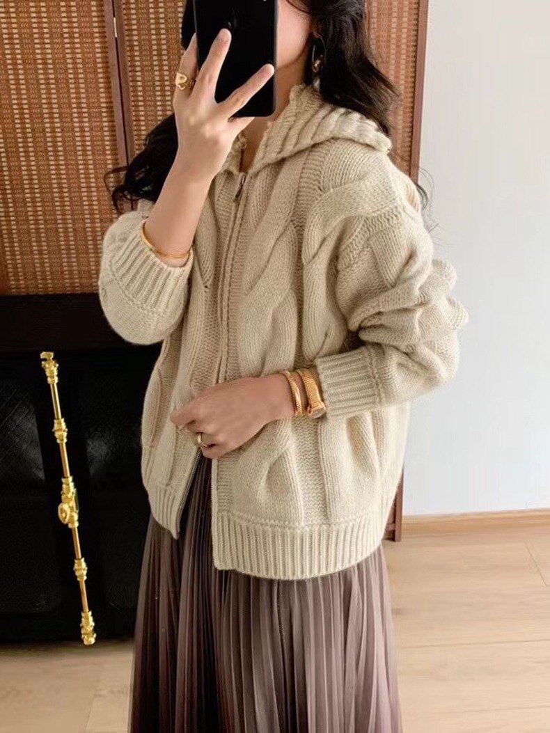 纯色山羊绒开衫女POLO领宽松针织衫毛衣外套,女装羊绒衫,大千羊绒