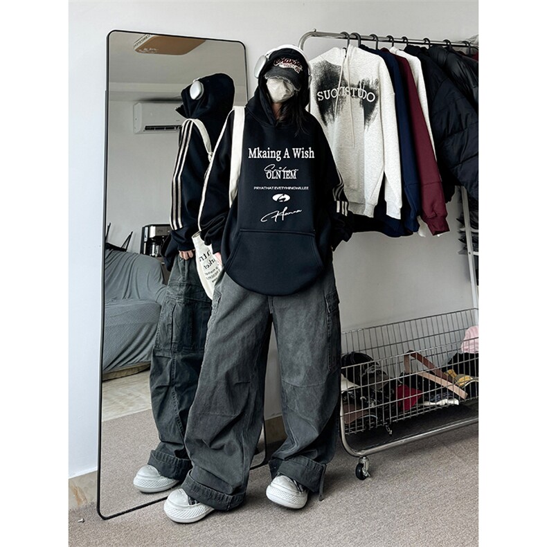 抖音得物供货提供视频秋冬重磅美式宽松织带连帽卫衣0463,男装卫衣,电商A486