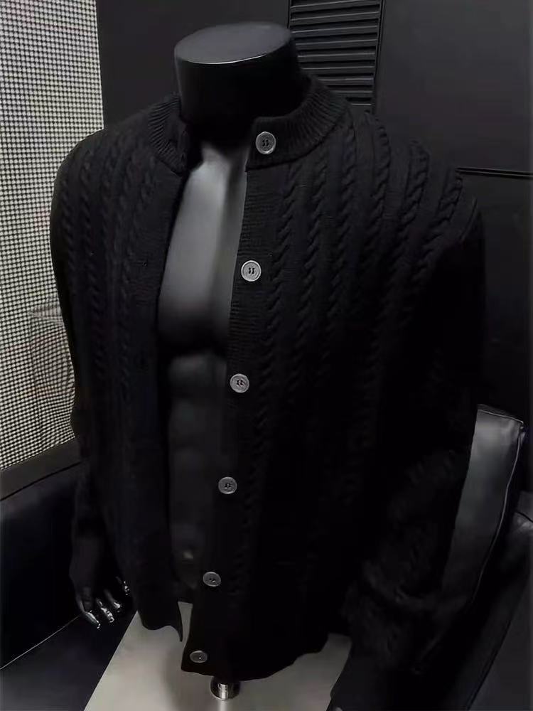 黑色麻花纹开衫毛衣冬cleanfit老钱风外套美式复古针织衫XM04P65,男装针织衫/毛衣,电商D256
