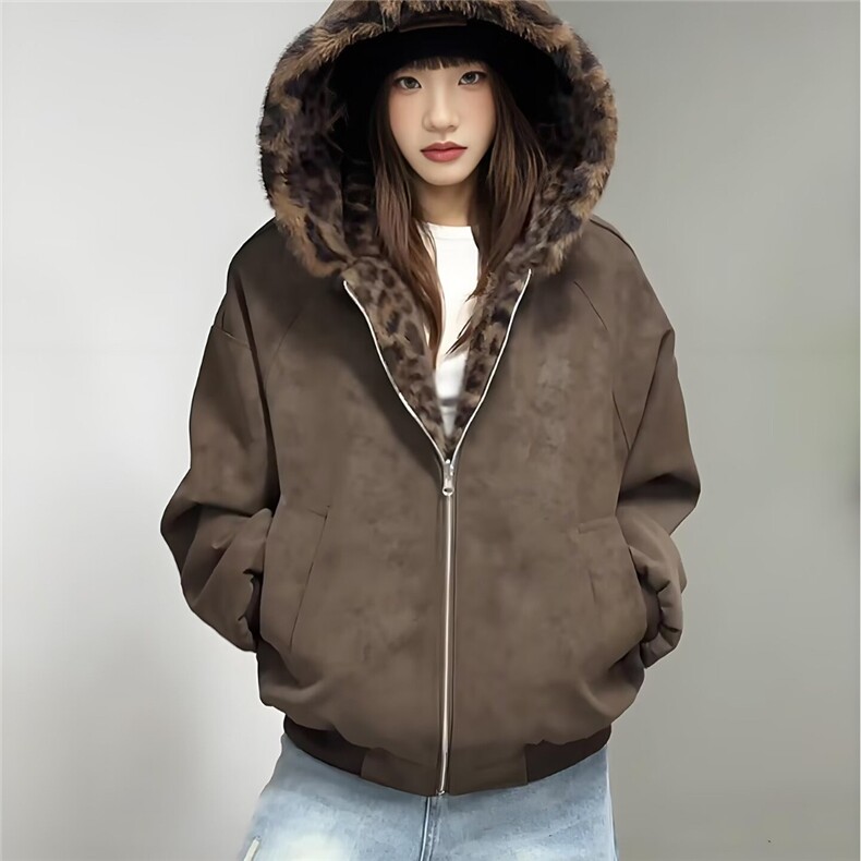 棕色双面穿豹纹连帽棉服男女冬季加绒加厚座山雕外套PU皮三防保暖图片