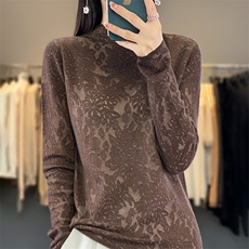 春秋新款羊毛衫女半高领镂空毛衣宽松套头时尚针织打底衫长袖百搭，女装羊毛衫，森墨
