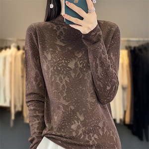 春秋新款羊毛衫女半高领镂空毛衣宽松套头时尚针织打底衫长袖百搭图片