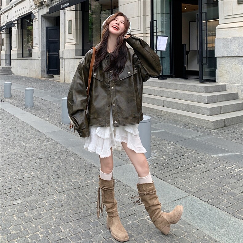 绿色复古皮衣外套女2025秋季新款韩版小个子气质高级感机车服夹克,女装皮衣,2C325