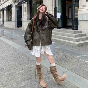 绿色复古皮衣外套女2025秋季新款韩版小个子气质高级感机车服夹克图片