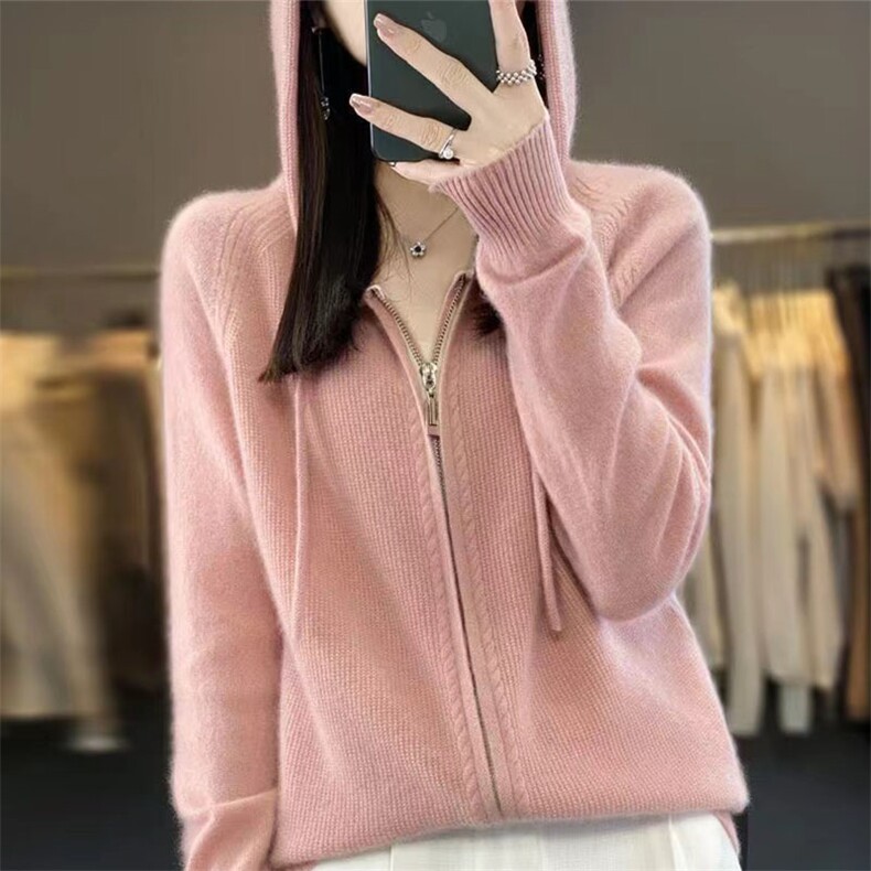 双拉链休闲连帽100纯羊毛开衫女宽松外套春秋绿色针织衫羊绒帽衫,针织衫/毛衣,萱芳婷羊绒
