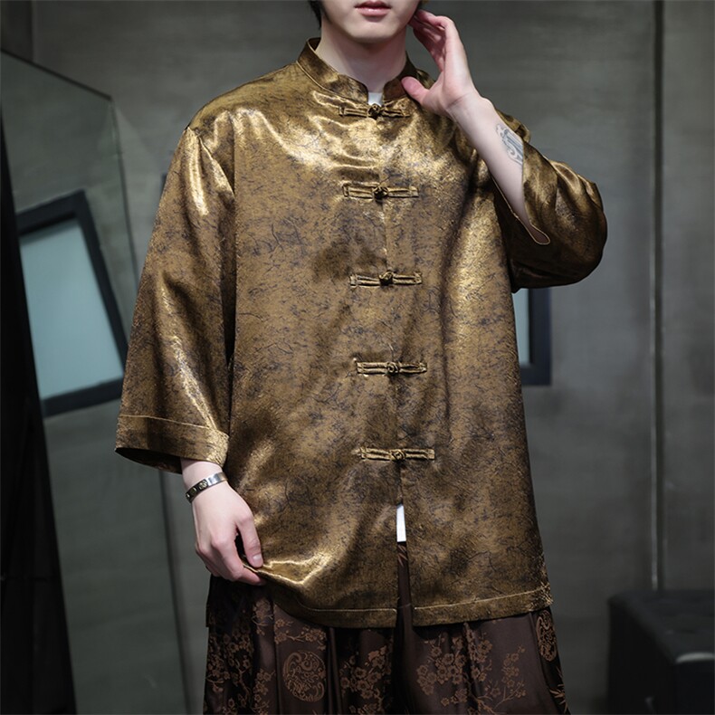 新中式七分袖衬衫/衬衣男士2025夏季新款盘扣上衣A008-CS2461-P60，男装衬衫，电商A008