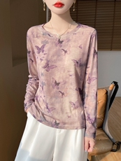 花色圆领新款针织吊带女长袖简约百搭宽松套头上衣，女装针织衫/毛衣，绒宛羊绒