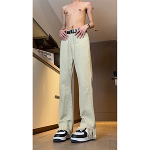 现货 黄泥美式vibe裤高街黑色破洞微喇直筒毛边牛仔裤男 K890-P55图片