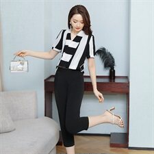 2021年夏季时尚潮流气质拼接色直筒裤优雅套装，女装套装/套裙，贵人树