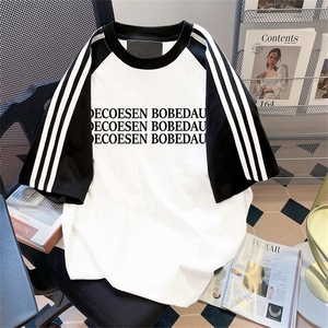 夏季美式高街重磅纯棉三条杠织带插肩撞色男女短袖T恤 CZ95-特P25图片