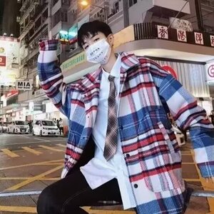 1506-1/D4011/P56男款慵懒风韩版潮流百搭宽松格子毛呢夹克上衣图片