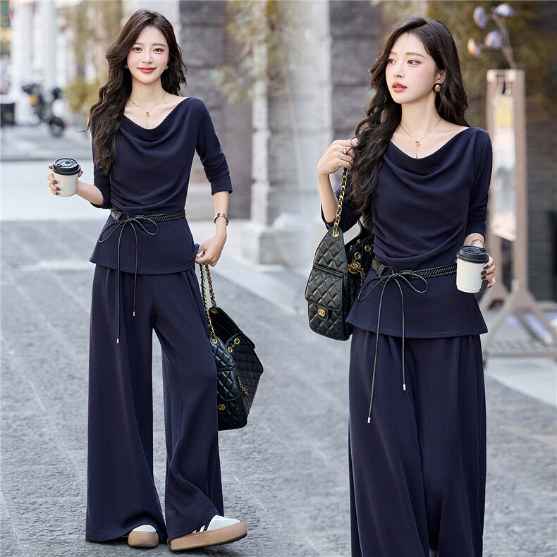 2025年秋新款时尚舒适荡领T恤阔腿裤两件套高级感气质复古轻熟风，女装套装/套裙，流量+
