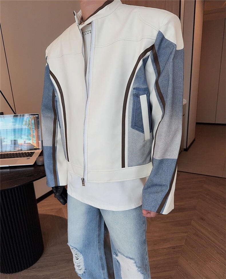 春秋皮衣夹克男女炸街拼接赛车服高级感宽松垫肩外套LJK8571-P75,男装皮衣,星座1008