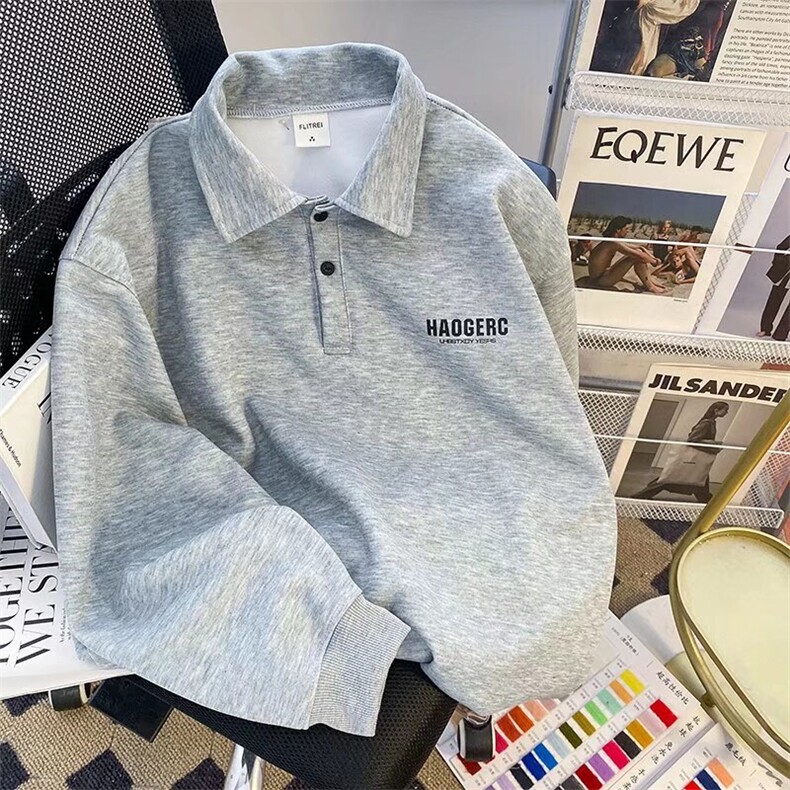 加绒POLO衫男韩版潮流字母印花高街帅气2023冬季ins卫衣WB223-P40,男装Polo衫,星座412-2