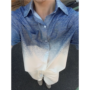图 冰丝速干渐变色夏季美式潮流短袖衬衣男女扎染衬衫 P35图片