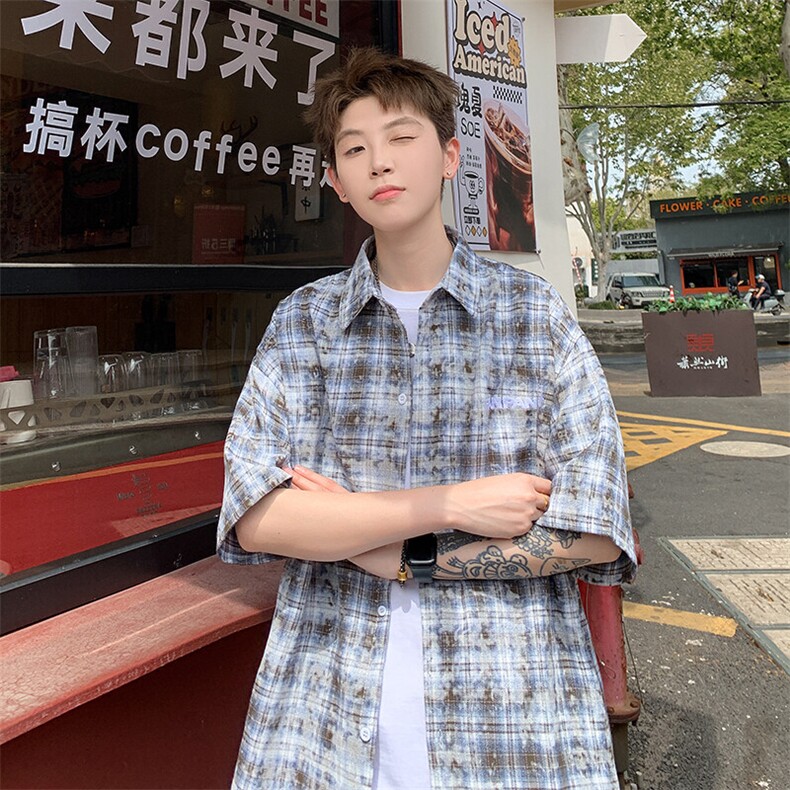 2026夏美式扎染刺绣格子短袖衬衫衬衣五分袖 CS1806/特P35 咖啡2图片