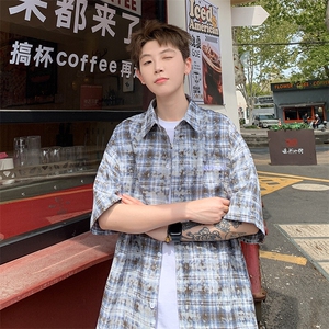2026夏美式扎染刺绣格子短袖衬衫衬衣五分袖 CS1806/特P35 咖啡2图片