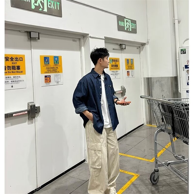 现货日系牛仔蓝翻领水洗长袖衬衫男C180/P53,男装衬衫,星座205-3