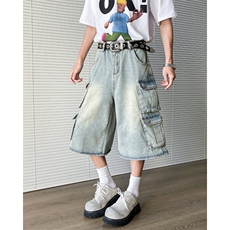 牛仔工装七分裤男2025夏季新款美式复古高街小众短裤潮DK0945-P52，男装牛仔裤，星座308B-1