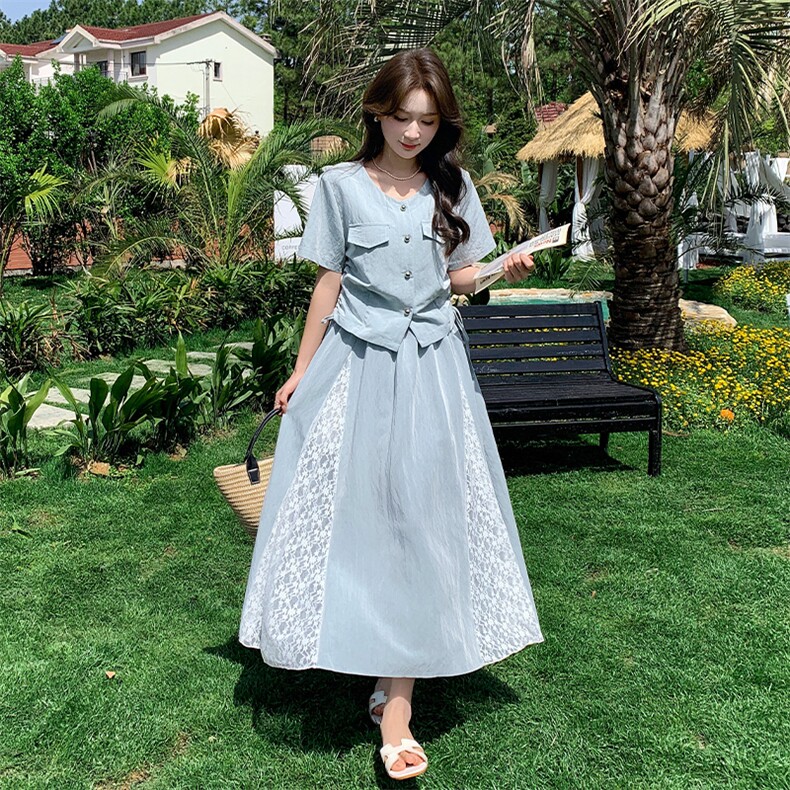 时尚松弛感休闲上衣套装裙女2025年夏季新款蕾丝拼接半身裙两件套图片