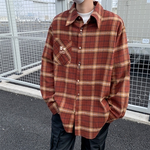 刺绣美式复古格子复古休闲宽松男女设计感vintage潮长袖衬衫图片