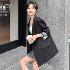 高级感牛仔拼接西装外套女2025春季新款设计感双排扣宽松百搭西服，女装短外套，2C053