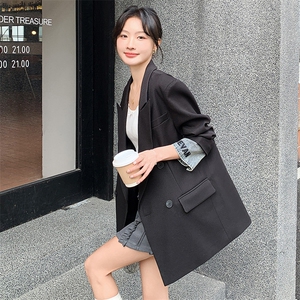高级感牛仔拼接西装外套女2025春季新款设计感双排扣宽松百搭西服图片