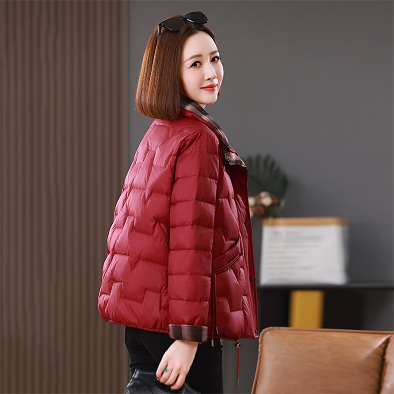 2025冬装新款撞色格纹拼接立领棉衣外套,女装棉衣/棉服,雪樱依海