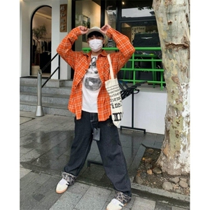 美式复古格纹长袖衬衫男女休闲宽松春秋情侣百搭宽松衬衣男CS2234图片