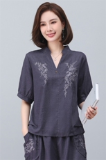 亚麻衬衫女短袖2023年新款夏季刺绣衬衣v领小衫妈妈气质苎麻上衣，女装T恤，忆绮罗