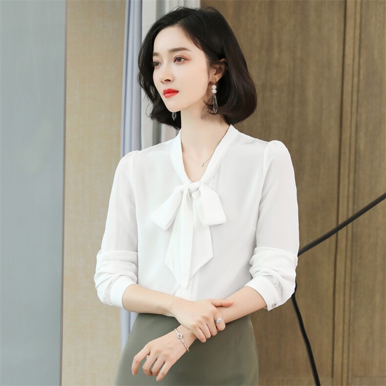 2025春装蝴蝶结真丝衬衫女长袖纯色桑蚕丝上衣衬衣通勤飘带小衫,女装衬衫,阿舍尔精品