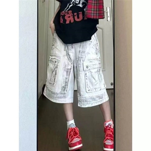 高质量做脏工装牛仔五分裤男夏季新款小众百搭潮牌宽松直筒短裤图片