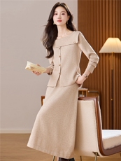 法式优雅风一字肩针织衫半身裙套装女秋冬新款气质显瘦毛衣两件套，女装羊毛衫，艾米