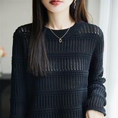 秋季新款慵懒风镂空100%纯棉线针织衫女圆领宽松防晒罩衫长袖上衣，女装针织衫/毛衣，长今羊