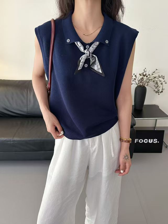 夏季新款简约天丝麻POLO领丝巾无袖女宽松百搭显瘦时尚休闲上衣,针织衫/毛衣,臻纶羊绒