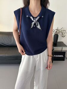 夏季新款简约天丝麻POLO领丝巾无袖女宽松百搭显瘦时尚休闲上衣图片