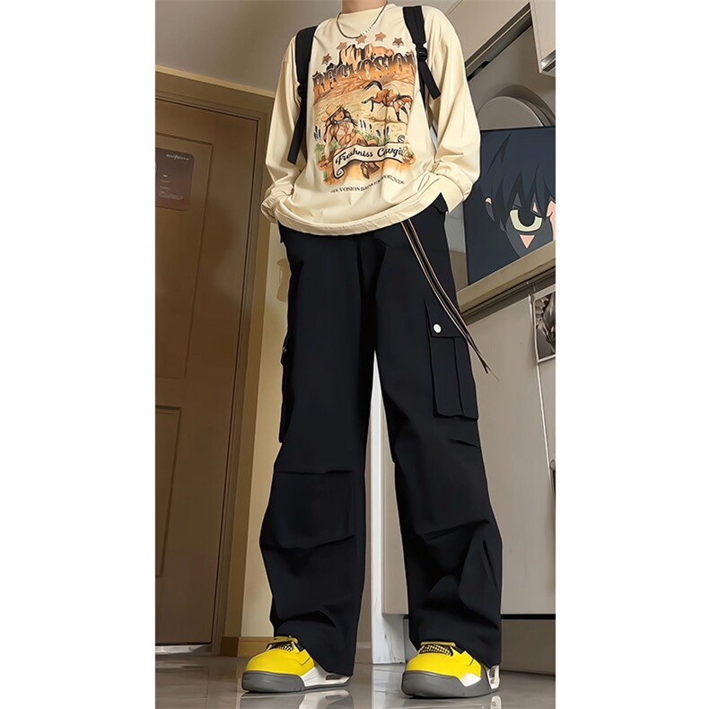 美式降落伞兵工装裤男高街复古褶皱休闲裤阔腿直筒KZ012P78加绒88，男装工装外套，电商B312