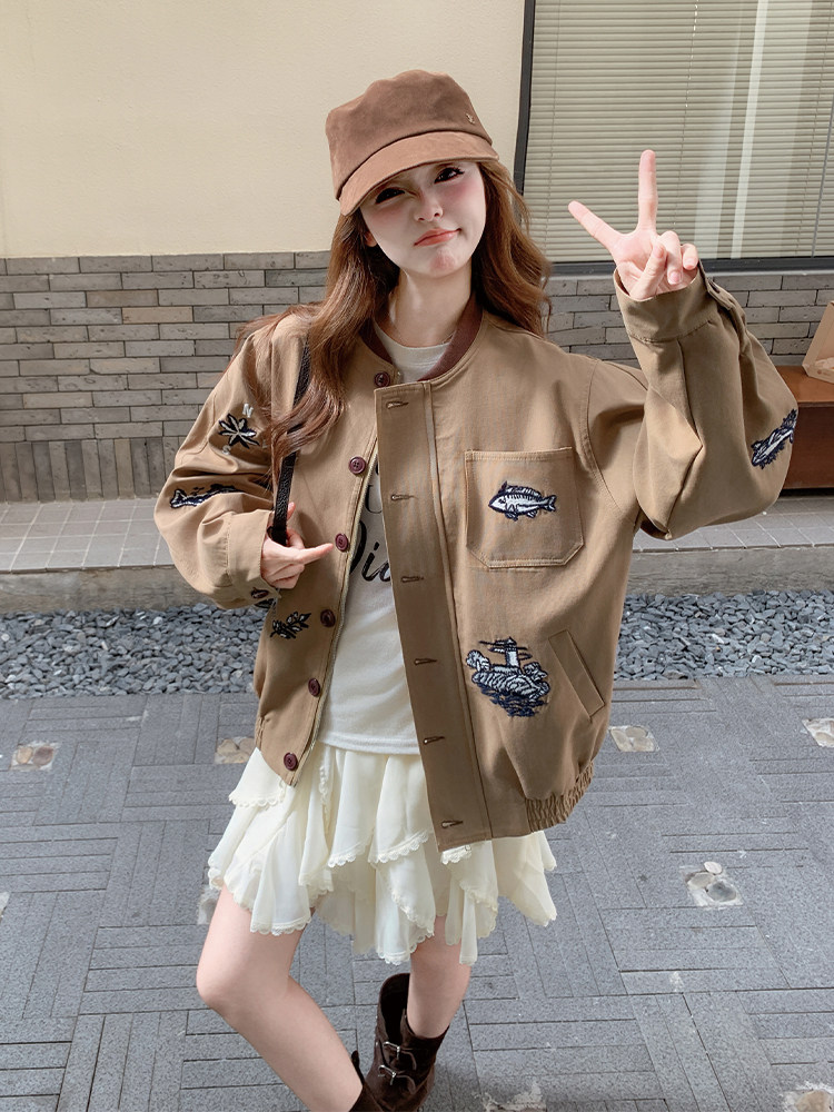高级小众复古美式咖色棒球服外套女春秋2025年超火好看短夹克上衣图片