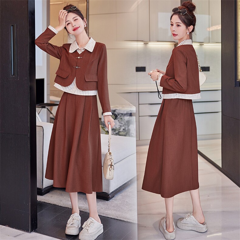 （现货）2025春装新款条纹拼色假两件上衣+半裙套装，女装西装，难舍钰依