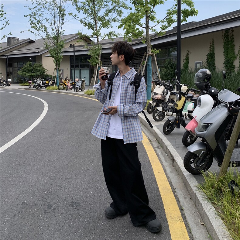 B413-1-DX882秋季新款格子衬衫男女潮流休闲百搭宽松复古长袖衬衣,男装衬衫,电商B413-1