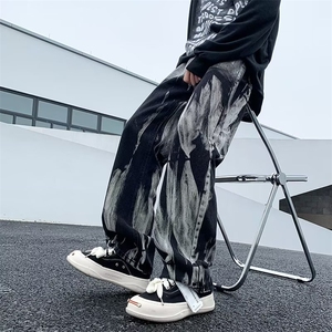 欧美高街vibe裤子宽松直筒工装长裤黑色扎染牛仔裤男 K5911-P42图片